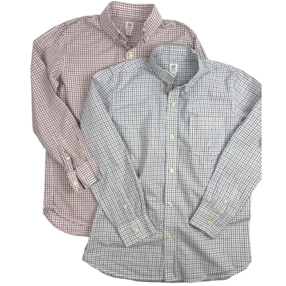 2 Gap Kids Boys Button Down Shirts Twin Bundle Plaid Check XL 12 Red Blue Preppy
